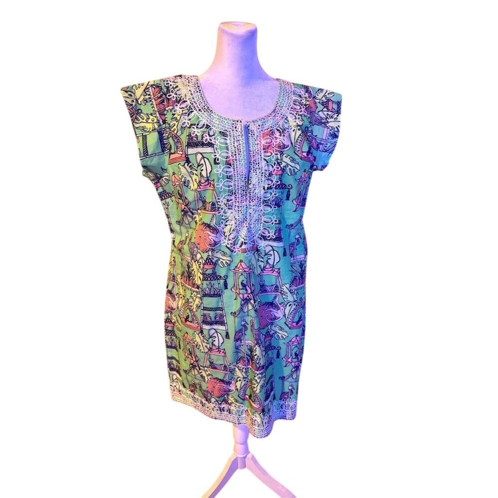 Women's L Green Knee Length Dress Crochet Detail Beach Casual